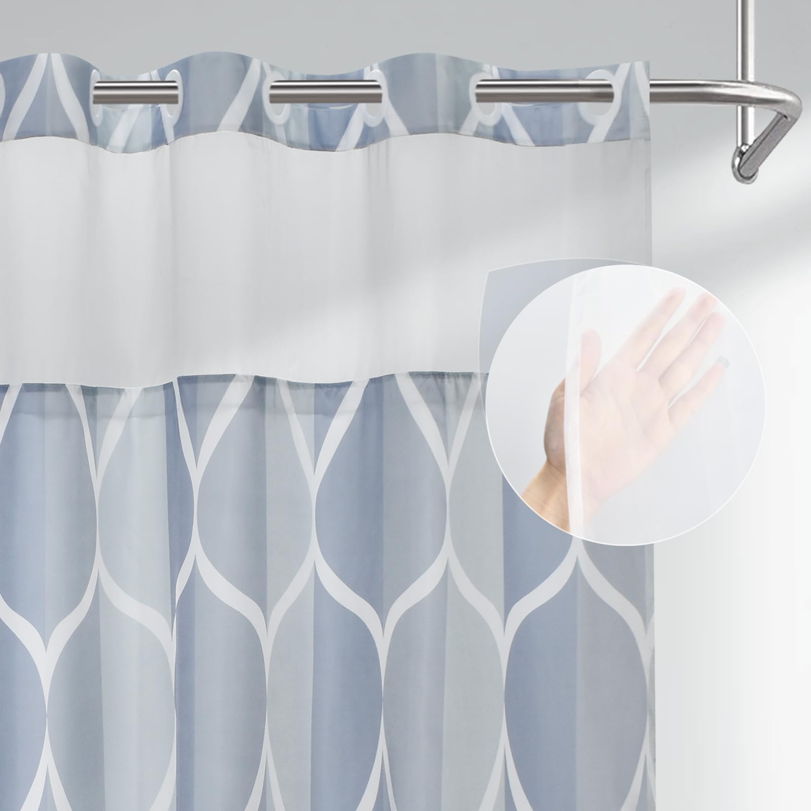 Yiatn Light Blue Hook Free Shower Curtain With Snap In Liner - Hotel Style With See Through Mesh Top Window, Modern Geometric Wa